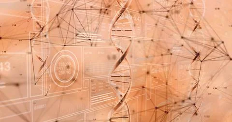 Rotating central DNA double helix in dashboard with node mesh, translucent data Stock Illustration