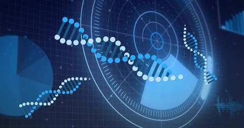 Rotating central DNA helix anchoring navy data dashboard, with circular HUD and Stock Illustration
