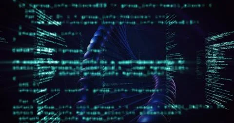 Rotating central DNA helix glowing in dark virtual grid, streaming teal code Stock Illustration
