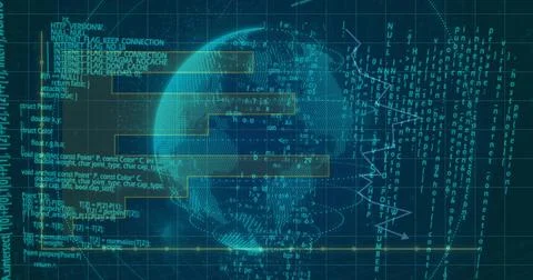 Rotating central dotted globe mesh displaying code, streams, UI panels on Stock Illustration