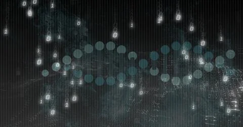 Rotating central double-helix of nodes floating in cyberspace, revealing falling 库存插图