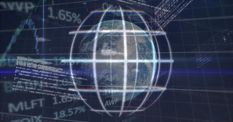 Rotating central Earth globe glowing inside wireframe sphere at data dashboard, Stock Illustration
