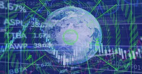 Rotating central Earth globe showing candlestick, volume bars and binary over Stock Illustration