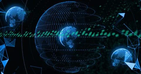 Rotating central globe glowing with dotted rings, smaller globes in cyberspace, Illustrazione stock