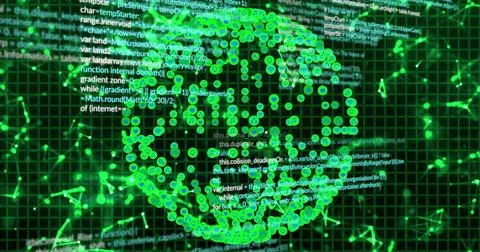 Rotating central glowing data globe forming in virtual 3D visual, with green 스톡 사진