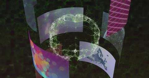Rotating central glowing network sphere showing curved panels with data over Stock Photos
