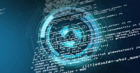 Rotating central holo interface projecting streaming code in dark teal cyber Stock Illustration