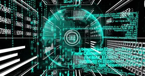 Rotating central hologram data sphere projecting HUD rings inside cyber tunnel, 스톡 일러스트