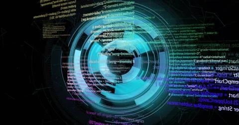Rotating central HUD displaying concentric rings, arcs, code and wireframe no Stock Photos