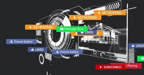 Rotating central HUD displaying notification banners in interface, with Illustrazione stock