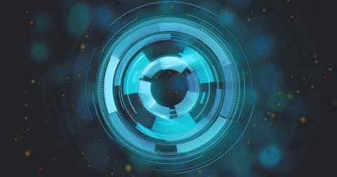 Rotating central HUD element pulsing cyan highlights in digital interface, with Stockillustratie