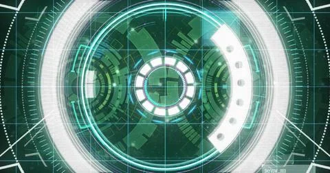 Rotating central HUD hovering over teal grid, displaying concentric rings, Ilustração Stock