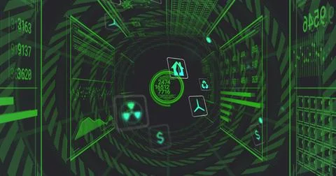 Rotating central HUD pulsing numeric readouts in virtual data tunnel, with fl Stock Photos