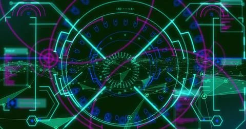 Rotating central HUD reticle pulsing over virtual cockpit dotted rings, with Stock Illustration