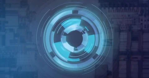 Rotating central HUD scanning digital interface, showing concentric rings, dark Stock Illustration