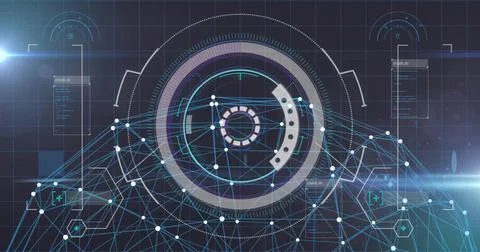 Rotating central HUD showing concentric rings in virtual dashboard, with network Stock Illustration