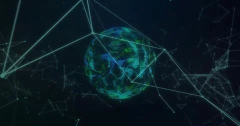 Rotating central polygonal sphere emitting luminous facets in virtual space, Stock Photos