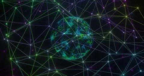 Rotating central translucent sphere sending data through virtual space, with Stock Photos