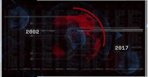 Rotating central wireframe globe projecting rings with 2002,2017 tags on HUD, Stock Photos