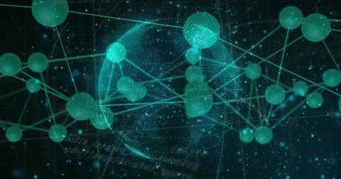 Rotating central wireframe globe sitting center in digital network, showing Stock Illustration