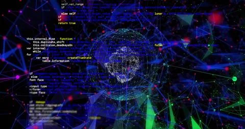 Rotating central wireframe sphere forming skull-like core in virtual space, with Stock Photos