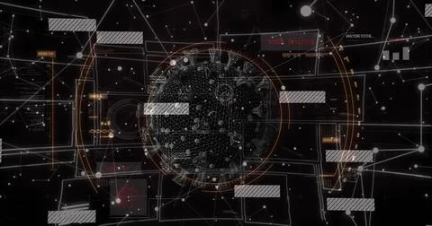 Rotating central wireframe sphere pulsing in virtual HUD, showing VIRUS DETEC イラスト素材