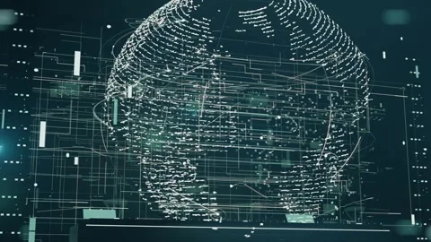 Rotating CGI point-cloud globe responding to sequence start within HUD, Stock Footage 337141160