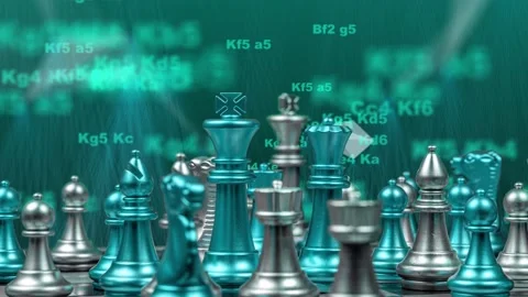 Rotating chessboard with pieces and digital graphics elements, chess notation Stock Footage 221586682