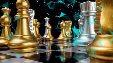 Rotating chessboard with pieces and digital graphics elements, chess notation Stock Footage 222009776