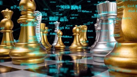 Rotating chessboard with pieces and digital graphics elements, chess notation Stock Footage 222205596