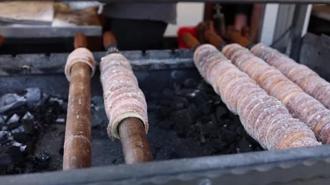 Rotating chimney cake Easter market Video stock 331812117