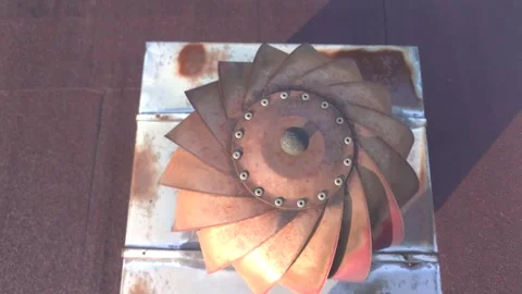Rotating Chimney Ventilator on Rooftop with Urban Background. Spinning Turbine Video stock 304080112