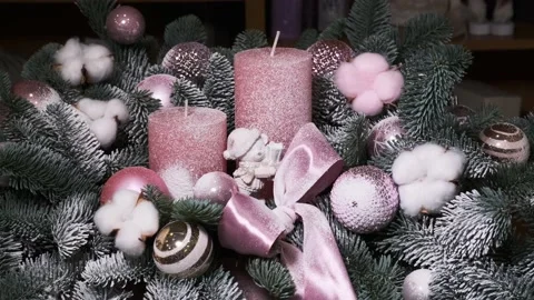 Rotating Christmas composition with red, balls, ribbon bow, candles. Stock Footage 207352108