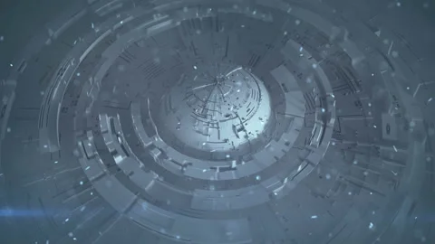 Rotating circle elements in fog seamless loop 3D render animation Stock Footage 121182820