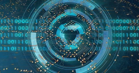 Rotating circuit board and data processing animation over blue digital interface Stock Footage 303740146
