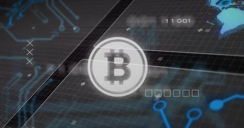 Rotating circular Bitcoin emblem hovering over virtual interface, with grid HUD Ilustração Stock