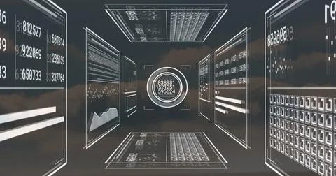 Rotating circular data node displaying numeric values in cloud space, with Stock Photos