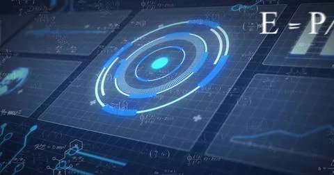 Rotating circular HUD with glowing node centering on virtual grid panels, Stock Illustration
