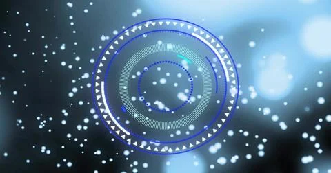 Rotating circular HUD glowing over bluish gradient, showing rings, triangle Stock Photos