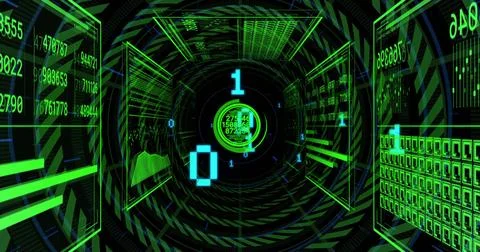 Rotating circular HUD interface displaying code in virtual data tunnel, with Stock Illustration