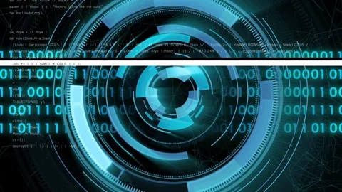 Rotating circular HUD powering on display, displaying data with rising binary Stock Footage 332867207