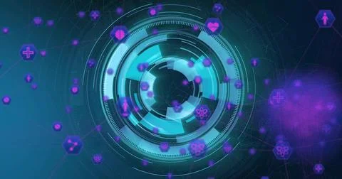 Rotating circular HUD scanning in virtual dashboard, with hex icons, medical 库存插图