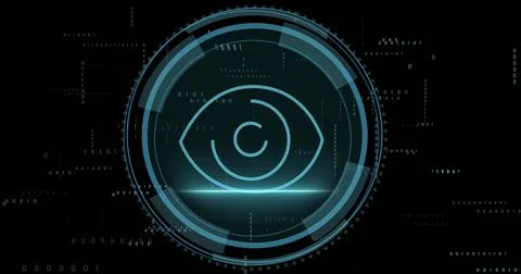 Rotating circular HUD showing concentric rings in cyber panel, with cyan eye Stock Illustration
