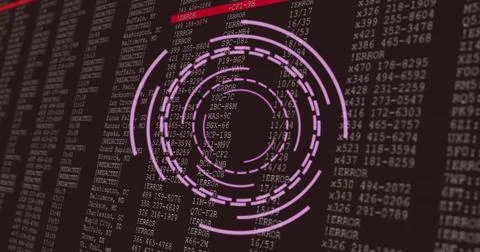 Rotating circular image over error codes and data on dark background Stock Illustration