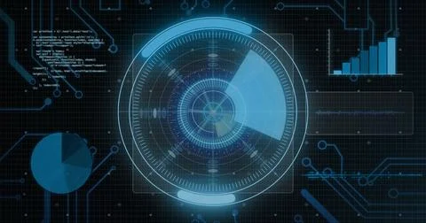 Rotating circular interface with digital elements, futuristic image over grid Stock Photos