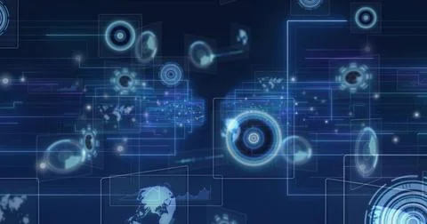 Rotating circular interface element in virtual space with panels, network lines, Foto stock