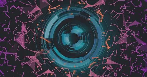 Rotating circular interface with geometric shapes and particles, futuristic Stock Photos