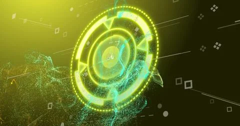 Rotating circular interface with glowing particles and digital data image Stock Photos