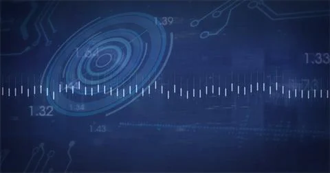Rotating circular interface graphic over dashboard, with waveform and numeric Stock Photos