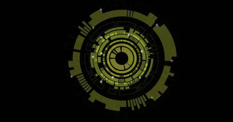 Rotating circular interface pulsing in digital space, with rings, arcs, bars  Stock Photos
